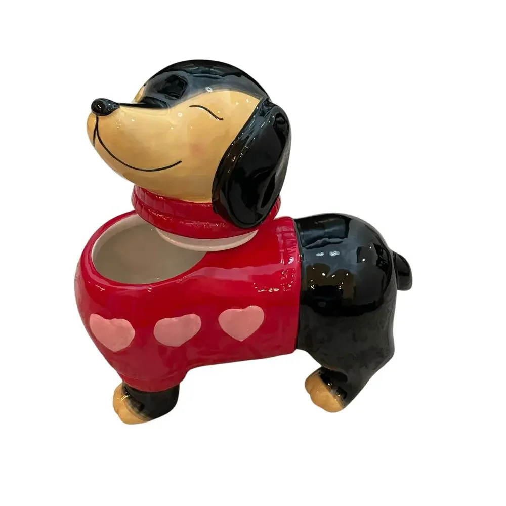NEW Valentine's Dog Dachshund Cookie Jar Red Sweater Pink Hearts Hand Painted
